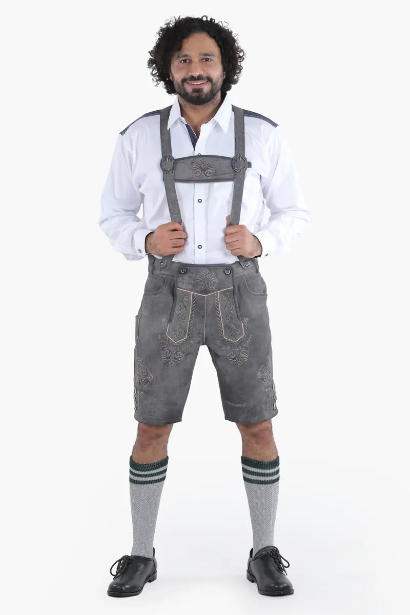 Lederhose Herren kurz | Schwarze Trachtenlederhose mit Stickerei und verstellbaren Hosenträgern für Oktoberfest