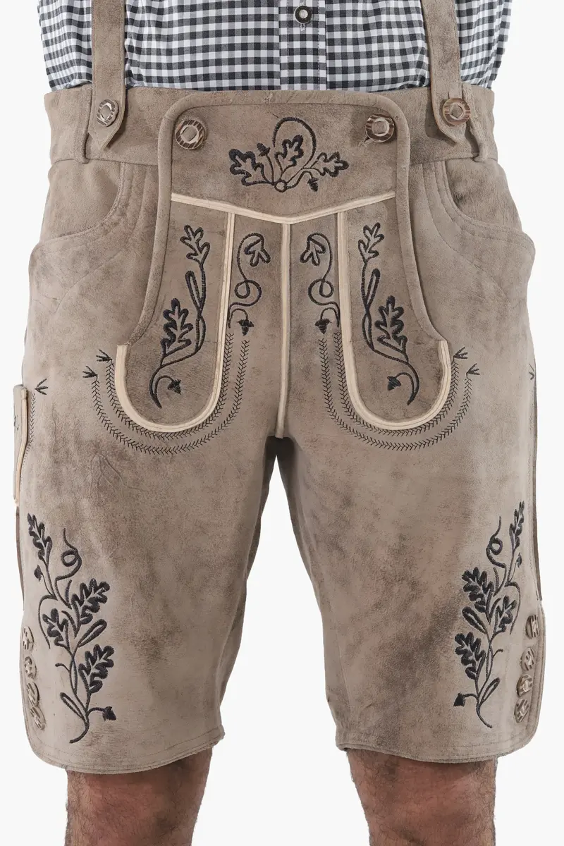 Lederhose Herren kurz | Trachtenlederhose mit Stickerei und verstellbaren Hosenträgern für Oktoberfest