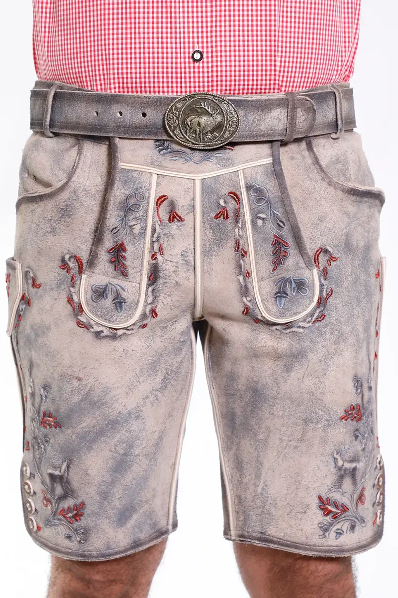 Lederhose Herren | Traditionelle Trachtenlederhose aus Hirschleder mit Stickerei, Gürtel und Taschen für Oktoberfest