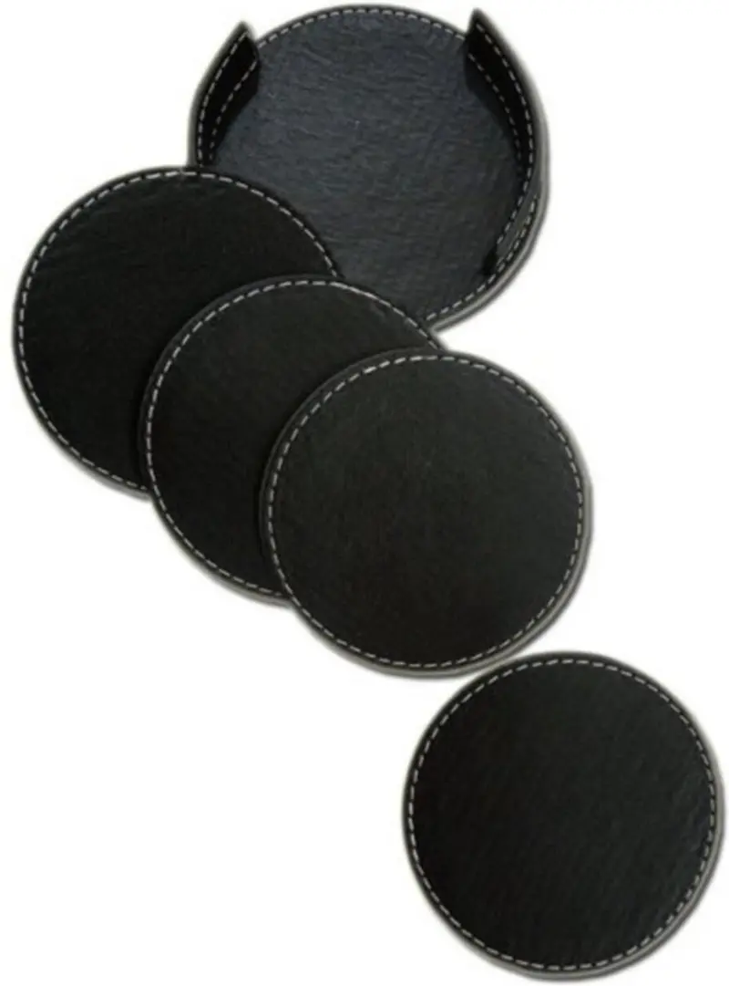 Leren Onderzetters - Onderzetters voor glazen - Tafelaccessoires - Onderzetters met houder - 4 stuks - Zwart