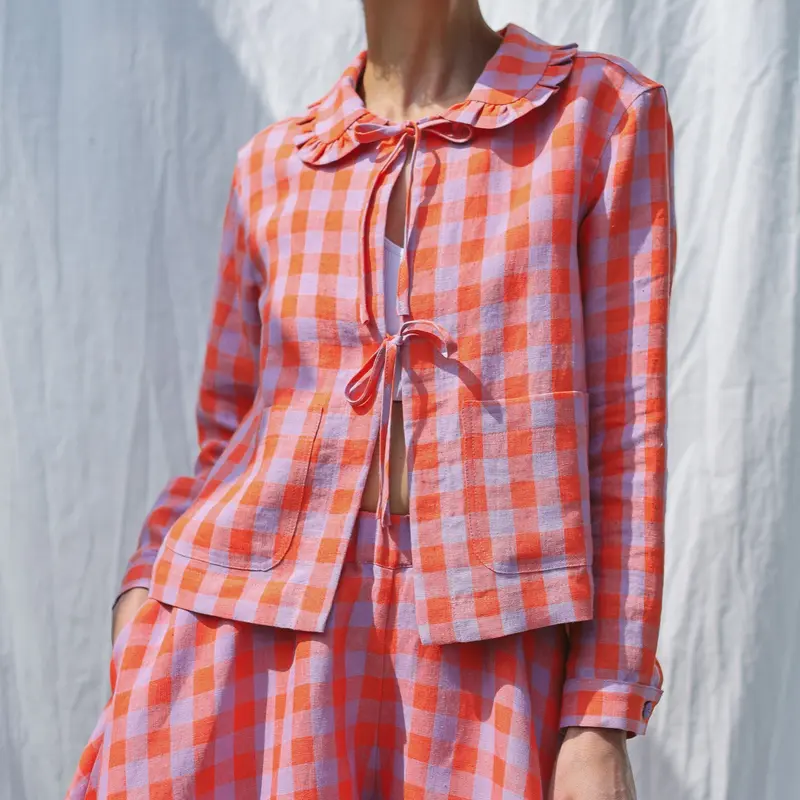 Linen checks jacket with Peter Pan ruffle collar and ties