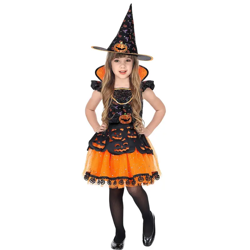 Mädchen Hexenkostüm Orange Schwarz | Halloween Kürbishexe Kleid mit Kürbismotiven, Gürtel und spitzem Hexenhut