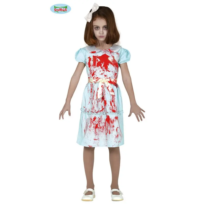 Mädchen Horror Zwilling Kostüm Hellblau | Blutiges Halloween Kleid im Grusel-Zwillinge-Look mit Schleife für Kinder