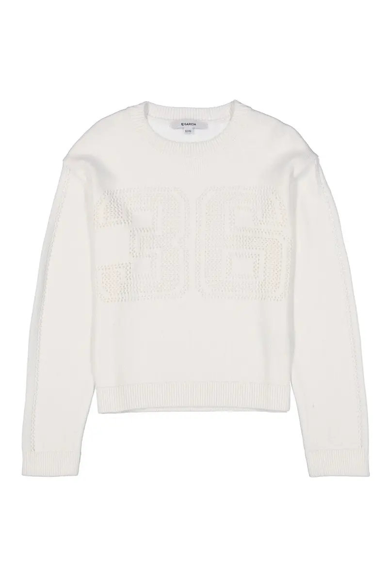 Mädchen Pullover Cremeweiß mit Ajourmuster | Locker geschnittener Strickpullover mit Rundhalsausschnitt und langen Ärmeln
