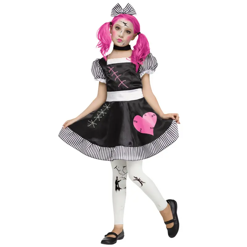 Mädchen Puppen Kostüm Schwarz Pink | Halloween Porzellanpuppe Kleid mit Streifen, Schleife und gebrochenem Puppen-Look