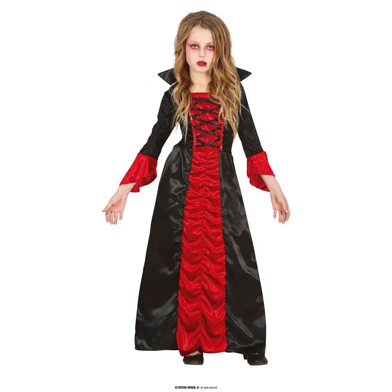 Mädchen Vampir Kostüm Schwarz Rot | Gothic Halloween Kleid mit Schnürung und Trompetenärmeln für Karneval und Mottoparty