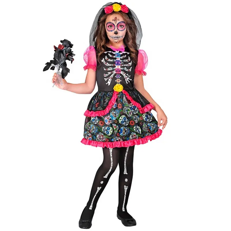 Mädchen Zuckerschädel Kostüm Pink Schwarz | Halloween Kleid mit Sugar Skull Muster, Blumen, Tüll und Haarreif mit Schleier