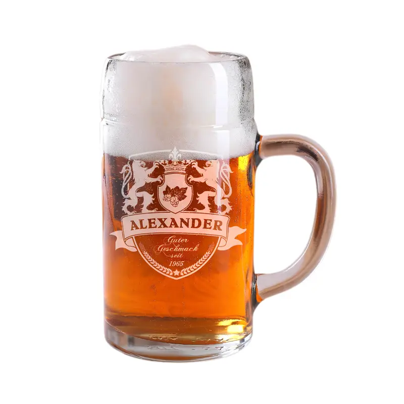 Maßkrug 1 Liter mit Gravur | Personalisierter Bierkrug aus Glas mit Wappen, Name und Jahr als Geschenk