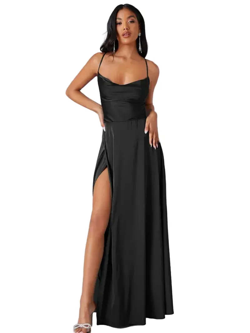 Maxi-Abendkleid Damen mit Drapé-Ausschnitt & Spaghettiträgern | Offener Rücken mit Schnürung | Hoher Beinschlitz, S–XXL