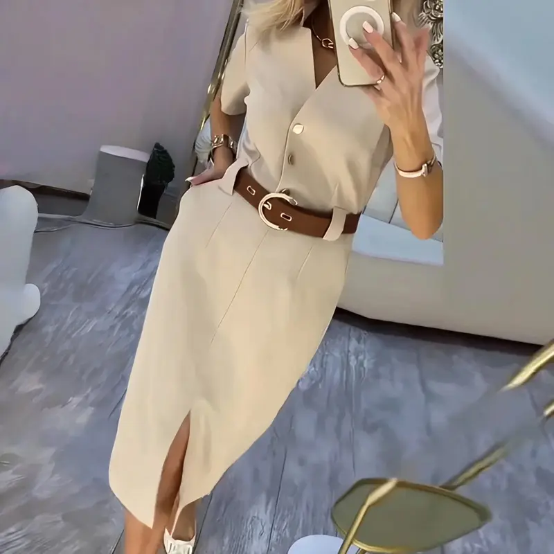 Midi-Hemdblusenkleid in Neutralton mit Knopfleiste & Schlitz | vielseitig fürs Büro & Wochenende | Maite Kleid