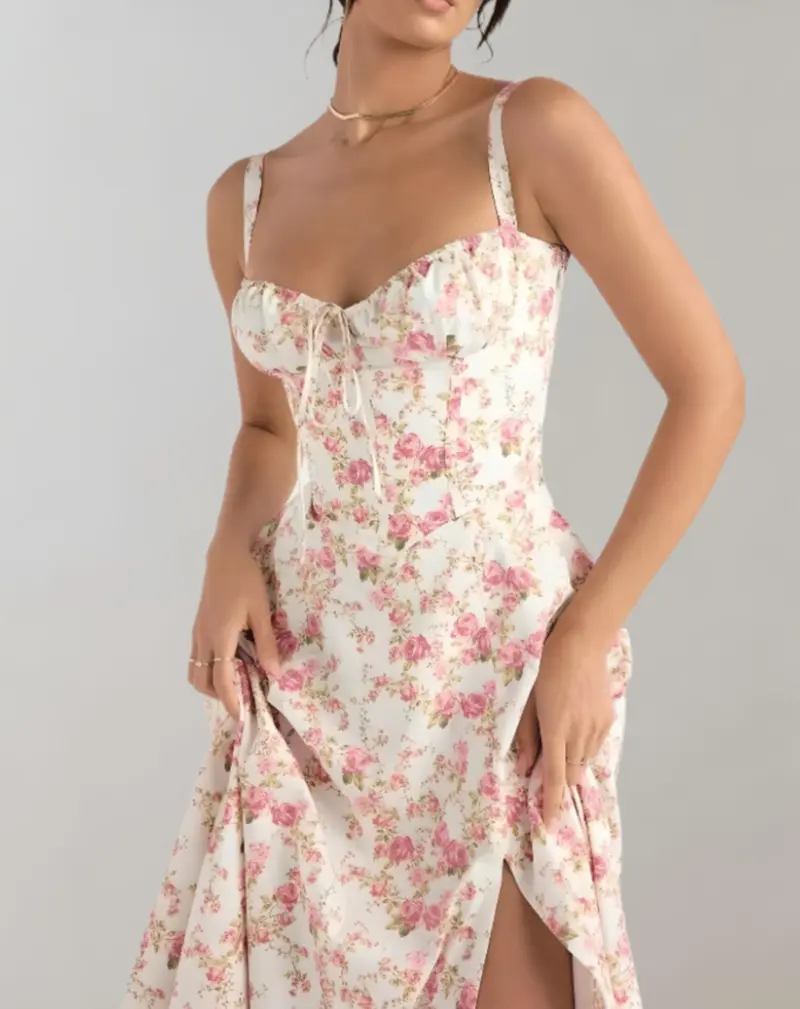 Midi-Kleid Damen mit Korsett & Blumenmuster | Spaghettiträger, Kordelzug | Beinschlitz, luftig | Sommerkleid für Events