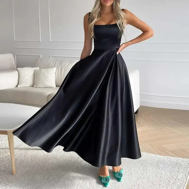 Midikleid in A-Linie mit Satin-Glanz | Quadratischer Ausschnitt & Spaghettiträger | Fließender Rock, elegant für Events