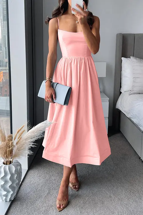 Midikleid in A-Linie mit Spaghettiträgern & Taillengürtel | Feminine Silhouette, leichter Fall | Für Sommerfeste & Abendlooks