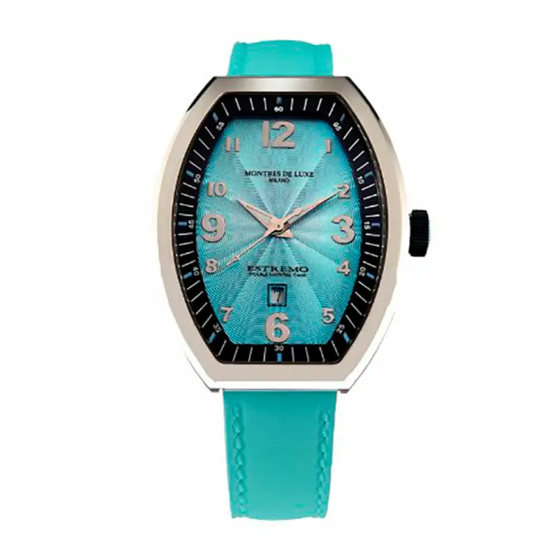 Montres de Luxe EXL A 8301 Horloge Dames Blauw Leren Band RVS Kast 35mm