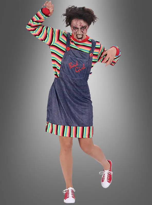 Mörderpuppe Kostüm Damen | Zweiteiler mit Latzkleid in Jeans-Optik und gestreiftem Pullover für Halloween und Horror-Partys