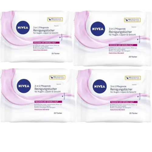 NIVEA 3-in1 Verfrissende Reinigingsdoekjes - Make-up Remover Doekjes - Droge huid - Amandelolie - Gezichtsreiniger -4 x 25 stuks
