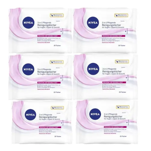 NIVEA 3-in1 Verfrissende Reinigingsdoekjes - Make-up Remover Doekjes - Droge huid - Amandelolie - Gezichtsreiniger - 6 x 25 stuks