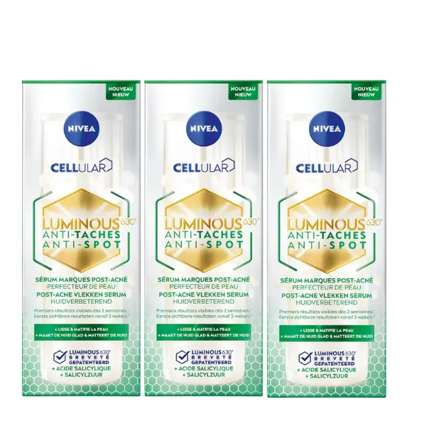 NIVEA Cellular LUMINOUS630 Post-Acne vlekken Serum Gezicht - Acneverzorging - Voor een Gladde Huid - Gezichtsserum Met salicylzuur en Hyaluronzuur - 3x 30 ml