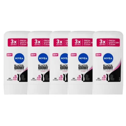 Nivea Deo Stick - Invisible For Black & White Clear - Voordeelverpakking 5 x 50 ml