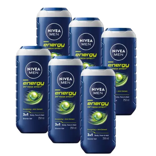 NIVEA MEN Energy Douchegel - 3-in-1 Shower Gel Met Mintextract - Shampoo - Voordeelverpakking - 6 x 250 ml