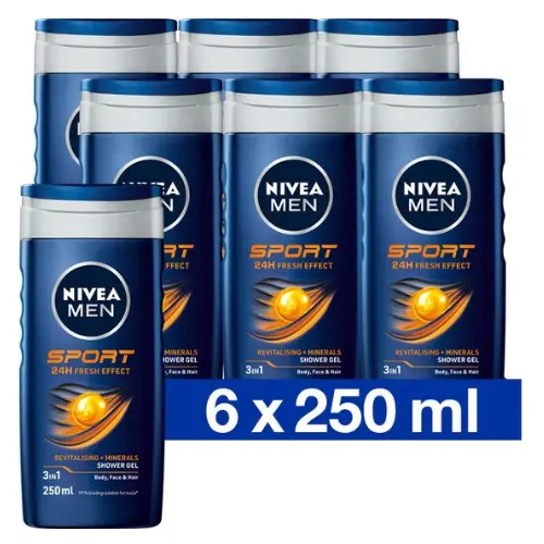 NIVEA MEN Sport Douchegel - 3-in-1 Shower Gel Met Limoengeur - Shampoo - Voordeelverpakking - 6 x 250 ml