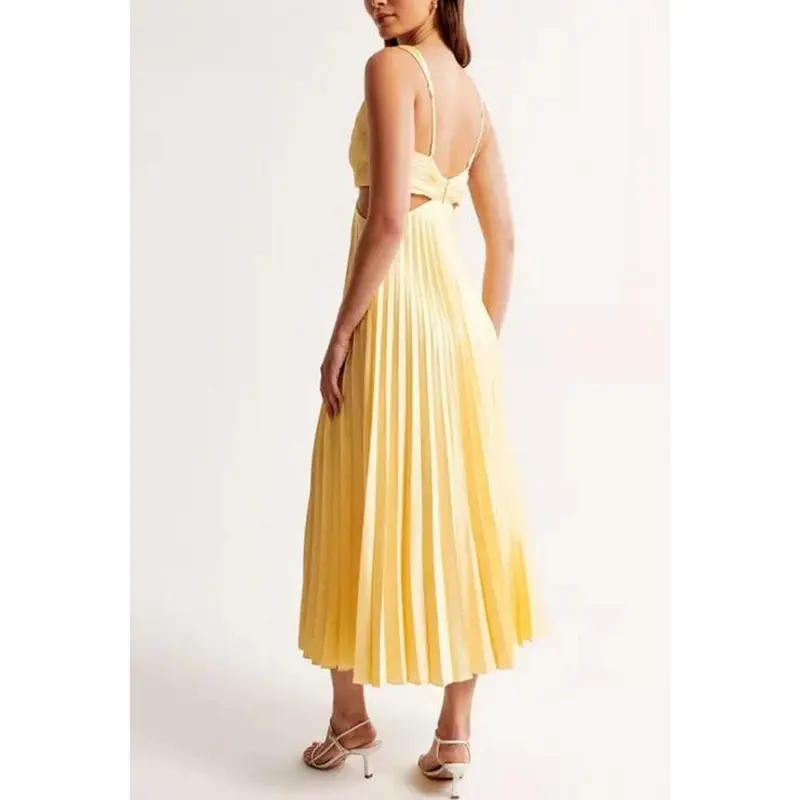 Plissiertes Midi-Kleid mit V-Ausschnitt & Taillen-Ausschnitten | ärmellos, reguläre Passform | elegantes Kleid für Events & Abende