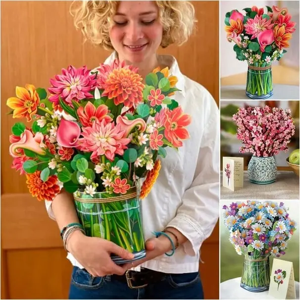 Pop-Up Papierblumenstrauß 3D | Blumenkarte mit Papiervase & Grußkarte | Handgefertigt, langlebig | Deko-Geschenk 43×38 cm