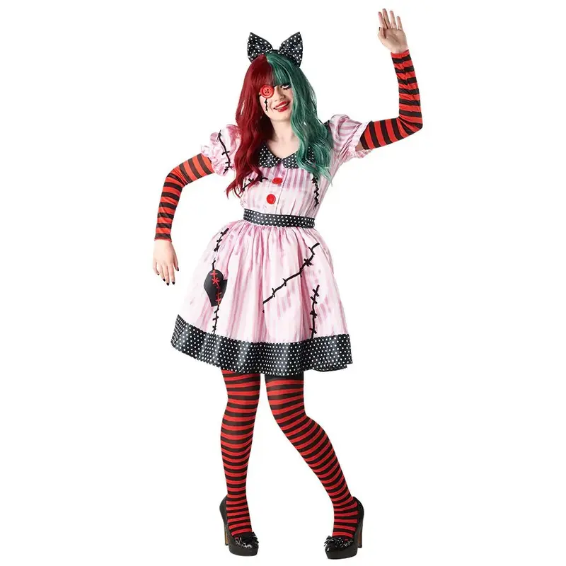 Puppen Kostüm Damen | Gruseliges Halloween-Kostüm mit Kleid, Tiara, Augenklappe, Gürtel und Strümpfen