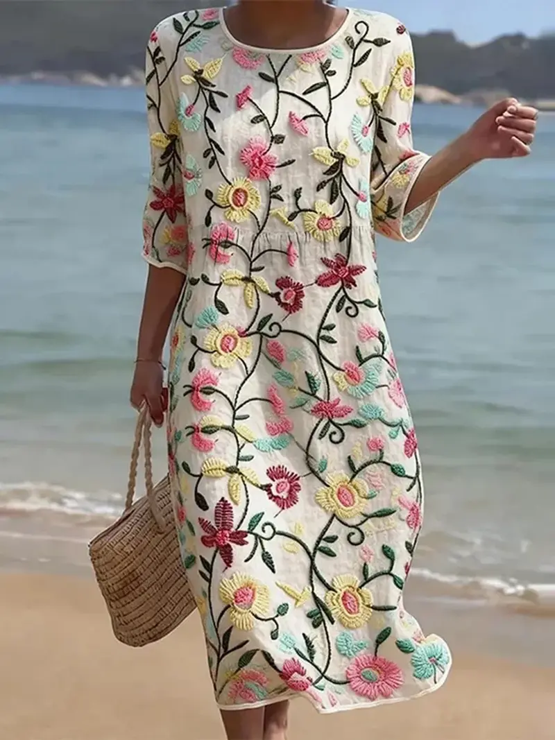 REBECCA Maxikleid mit Blumenmuster | Fließend, leicht & atmungsaktiv | Bequeme Passform für Alltag, Brunch & Reisen