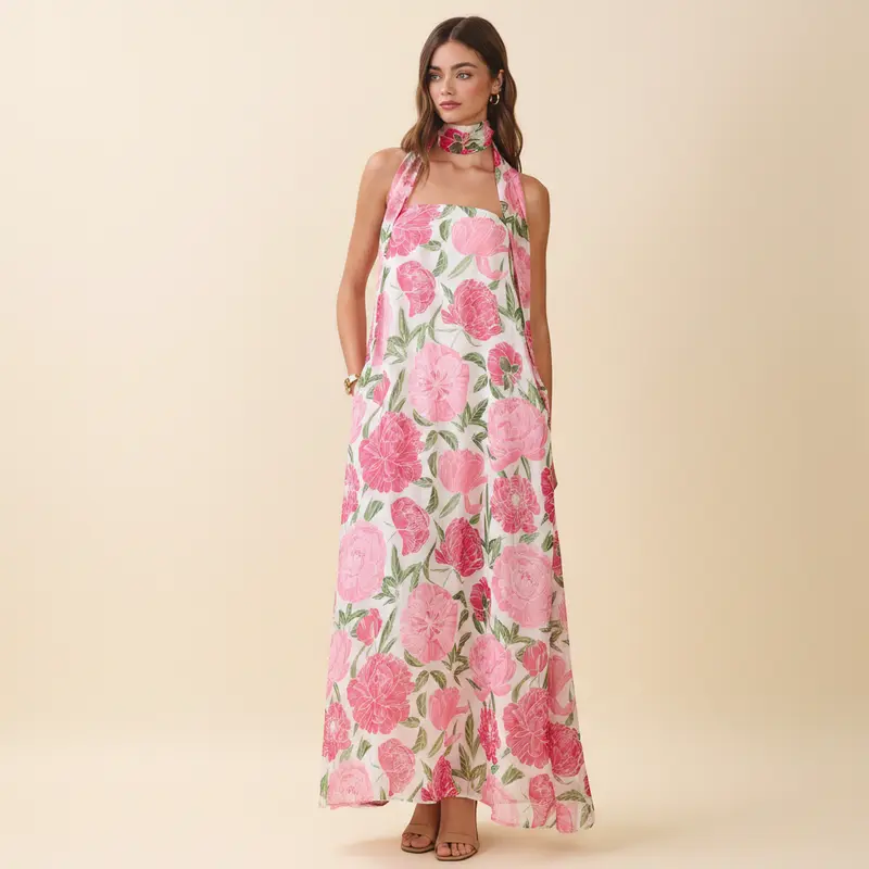 Rosé Garten-Schal MaxiDamen Maxi-Kleid mit Blumenmuster & Neckholder | Luftiges Sommerkleid mit Schal-Detail | Fließende PassformKleid