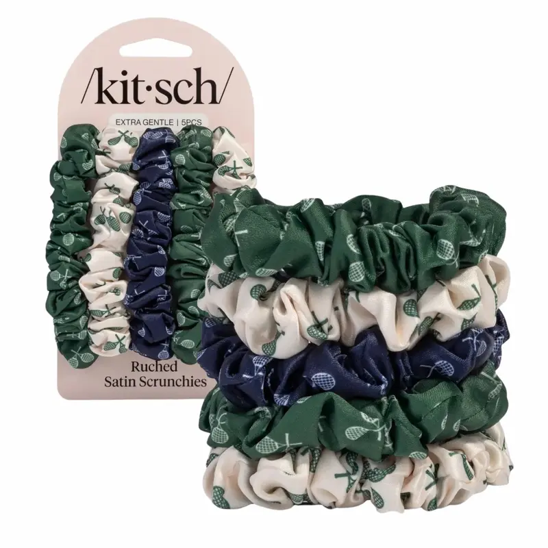Ruched Satin Scrunchies 5pc Set Cream Court Green & Navy Blue