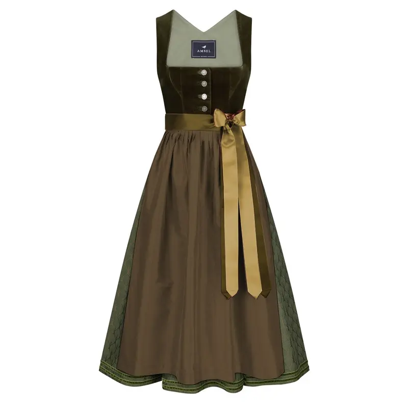 Samtdirndl lang Damen | Olivgrünes Dirndl mit Stretchmieder und Seidenschürze für Oktoberfest und Feste