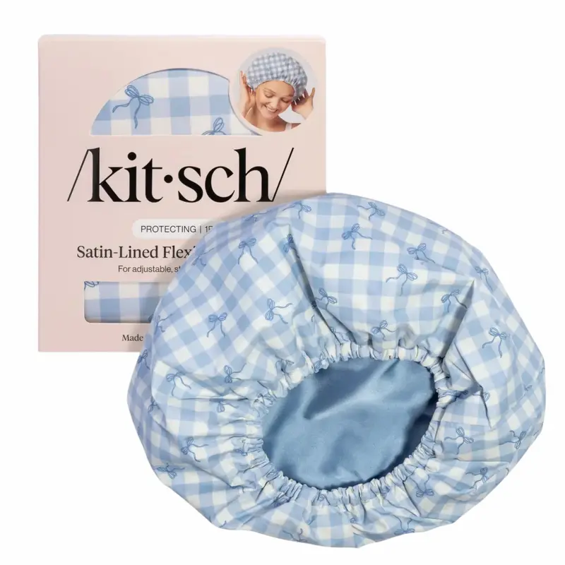 Satin Lined Flexi Shower Cap Gingham Blue