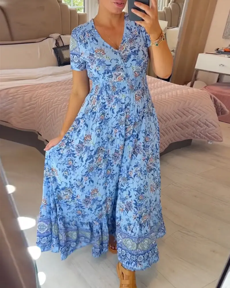Schmeichelndes Sommerkleid aus Stretch-Baumwollmischung | V-Ausschnitt für feminine Linie | Bequem & vielseitig | Größen XS–5XL