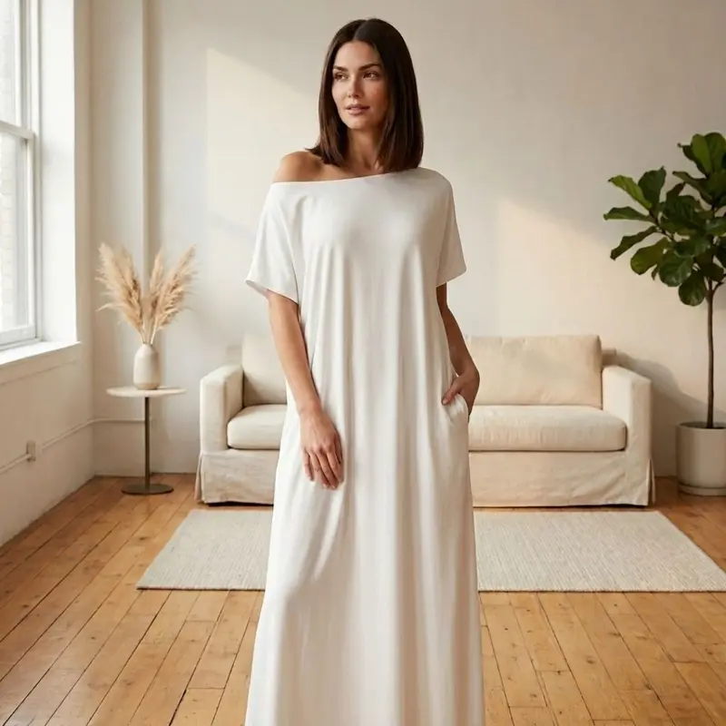 Schulterfreies Maxikleid mit Taschen | Locker fallend & luftig | Sommerkleid mit weitem Ausschnitt S–2XL