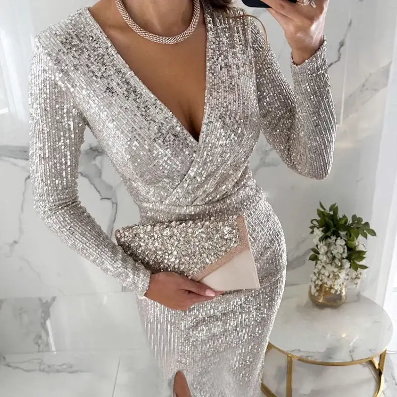 Sexy Paillettenkleid Bodycon | figurbetont & funkelnd für Party & Events | Silber, Bordeaux oder Schwarz | Größe S–XL