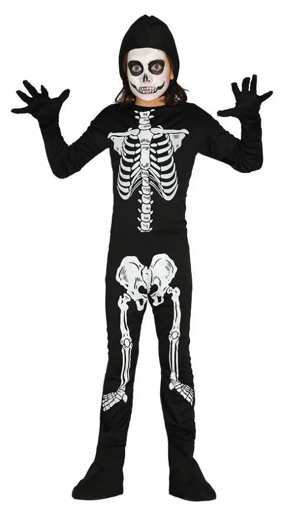 Skelett Kostüm Kinder | Halloween-Kostüm mit Overall, Hut und Klettverschluss für Halloween- und Mottopartys