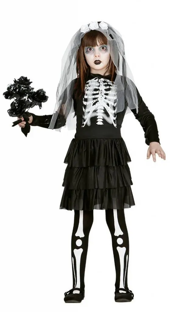 Skelett Kostüm Mädchen | Halloween-Kostüm mit Kleid, Ärmeln, Haarband und Strumpfhose für Halloween-Partys