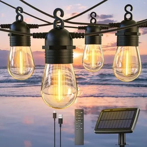 Solar Lichterkette außen 15,8 m mit Fernbedienung | IP65, 2700K warmweiß, 4 Lichtmodi und USB-C-Ladefunktion