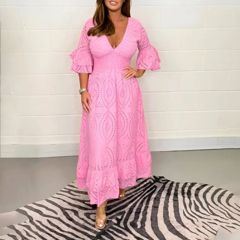 Sommerkleid aus Leinen mit elastischem Ausschnitt | Luftiges Lasercut-Design, bequemer Sitz | Freizeit & Alltag | Größen S–4XL