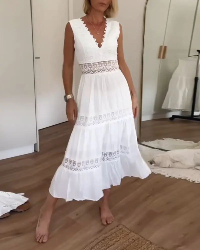 Sommerkleid Damen | Maxikleid mit V-Ausschnitt, Spitzen-Details und fließender Silhouette für warme Tage