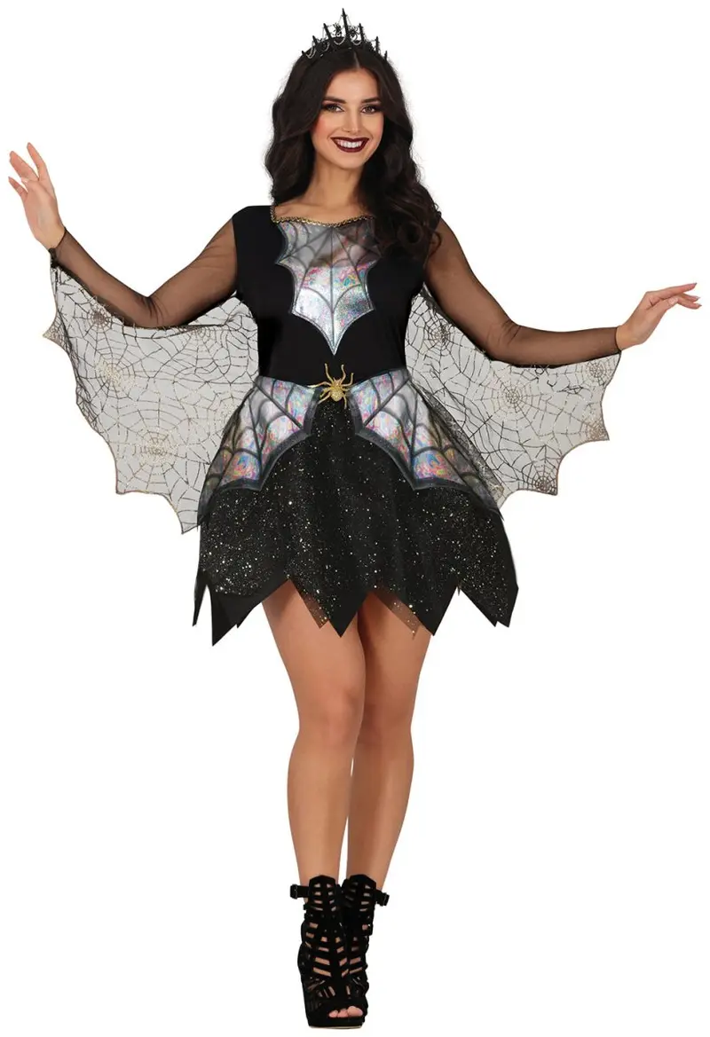 Spinnen Kostüm Damen | Halloween-Kostüm mit Spinnweben-Kleid und Flügeln für Halloween- und Mottopartys