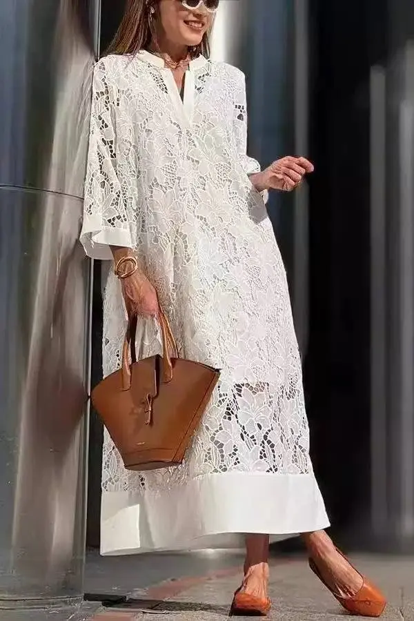 Spitzen-Maxikleid mit V-Ausschnitt | Lockerer Schnitt mit blickdichtem Saum-Futter | Elegant für Urlaub & Alltag