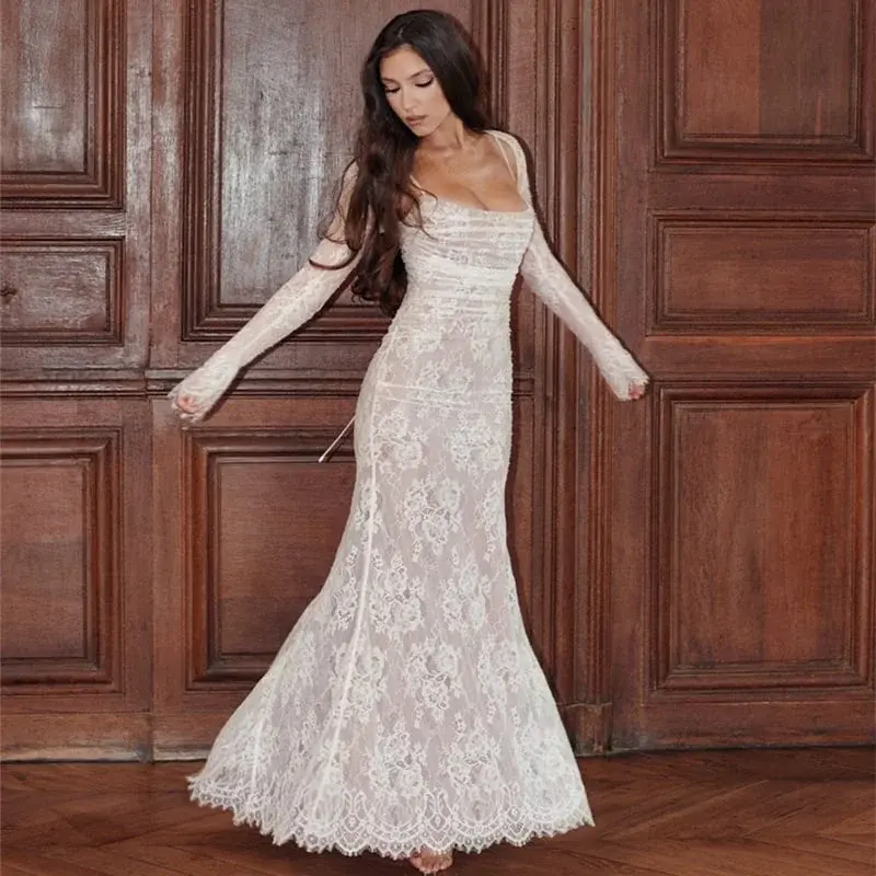 Spitzenkleid mit Cape-Ärmeln & Korsett-Optik | Café-au-Lait Mesh-Futter | Bodenlang für Hochzeit, Empfang & Gala