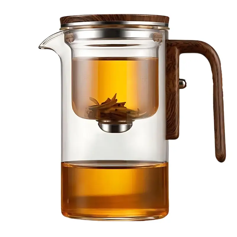 Teekanne mit integriertem Filter aus Borosilikatglas | Hitzebeständig & elegant mit Holzgriff | 520 ml / 720 ml
