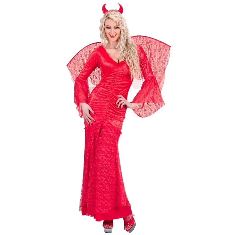 Teufel Kostüm Damen | Rotes Halloween-Kostüm mit Spitze, Flügeln und Hörnern für Halloween- und Mottopartys