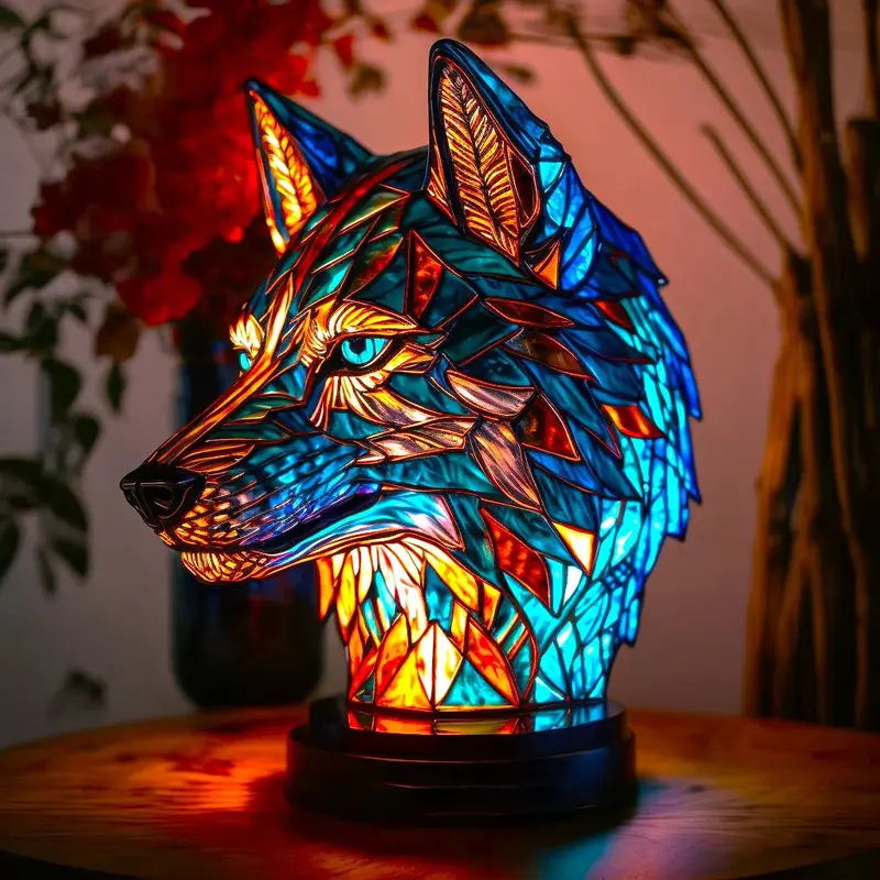 Tischlampe aus Buntglas mit Tiermotiv | Handgefertigt aus Glas & Metall | Farbwechsel-LED, kompakt 20 × 15 × 12 cm