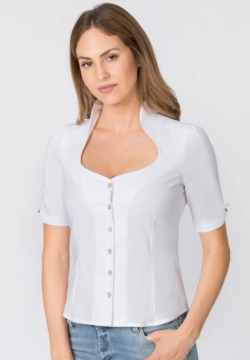 Trachtenbluse Damen | Weiße figurbetonte Damenbluse mit klassischem Schnitt für Dirndl und Trachten-Outfits