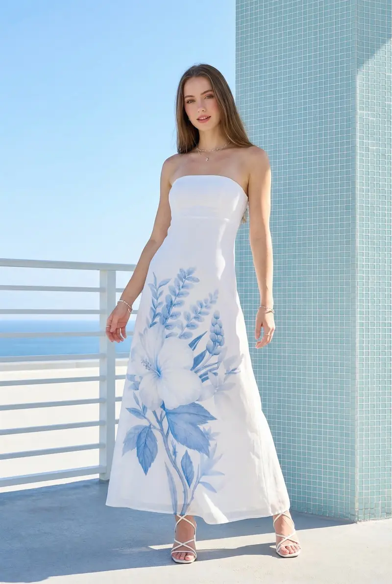 Trägerloses Maxikleid mit Blumenmuster | Santorini Bloom Sommerkleid | Offener Rücken | Luftig & Elegant