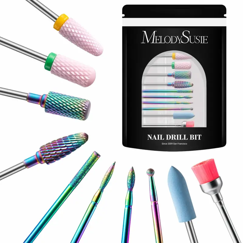 Tungsten Carbide & Ceramic 10pcs Nail Drill Bits Set Pink & Colorful